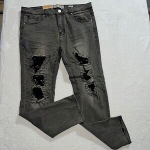 Street‎ Jeans Mens 38x32 Skinny Fit Distressed Moto Denim Gray Ripped Grunge Y2K